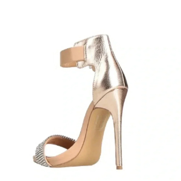 STEVE MADDEN | Gold/Tan/Silver Rhinestone Strap Open Toe Chrome Stiletto Size 9M - Picture 3 of 7